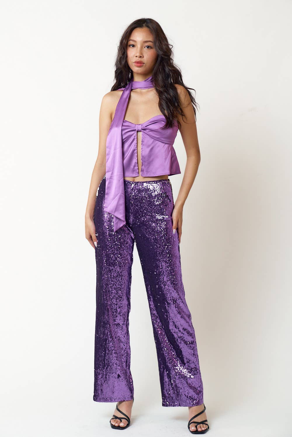 GLITTER SEQUIN STRAIGHT LONG PANTS: Black
