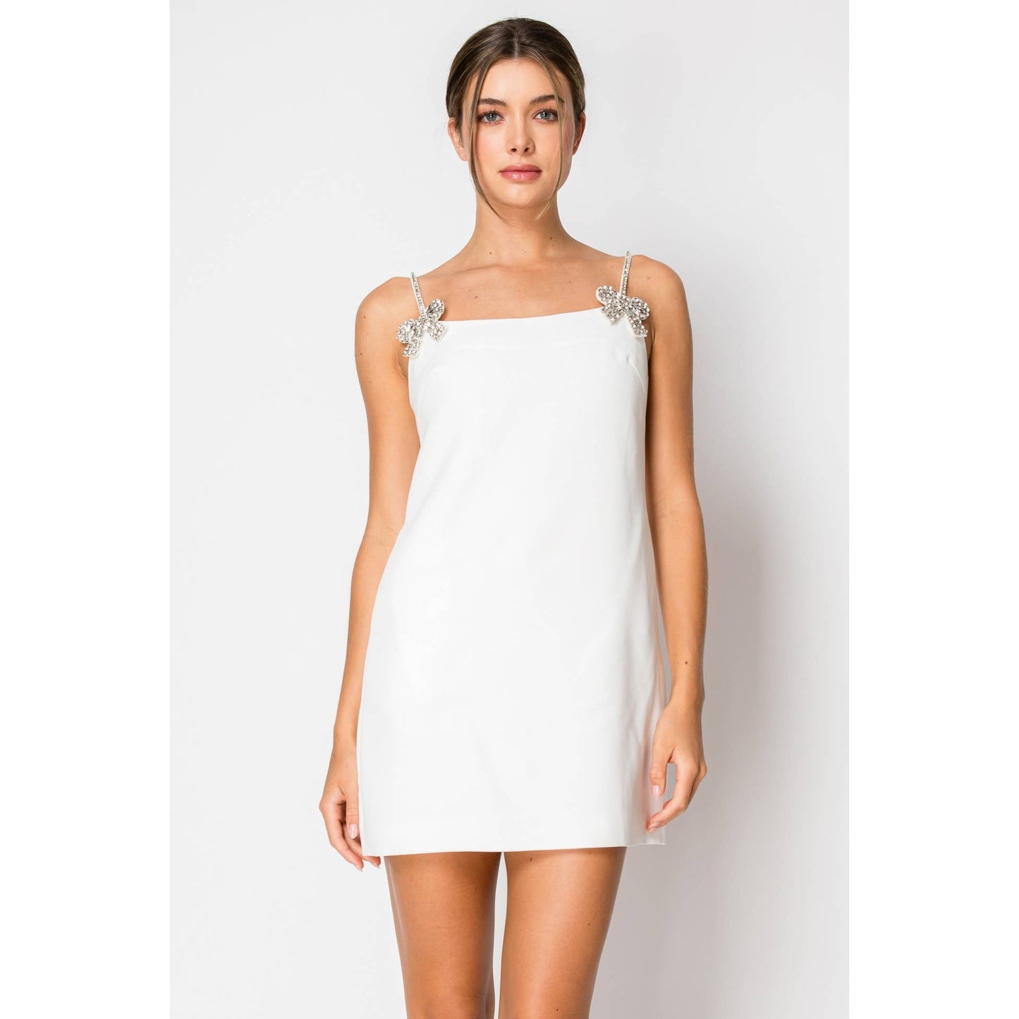 Sleeveless Crystal embellished Mini Dress: WHITE