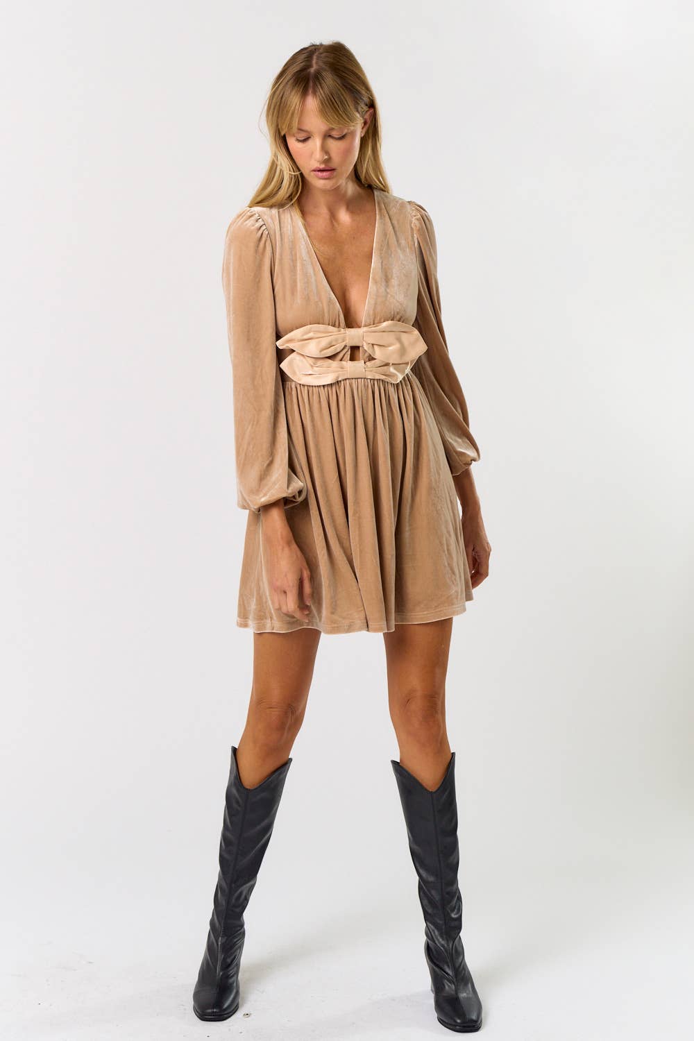 VELVET PLUNGE BOW FRONT DRESS