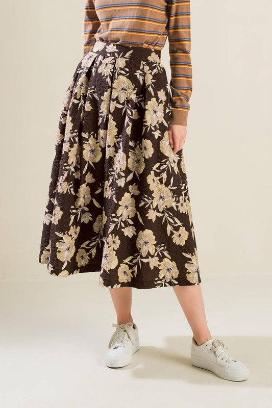 A printed textured woven midi full skirt - FK1102: DARK BROWN / Contemporary