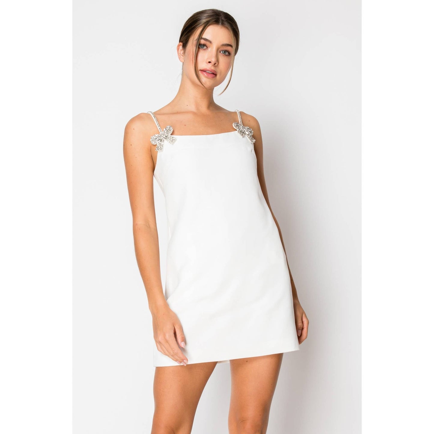 Sleeveless Crystal embellished Mini Dress: WHITE