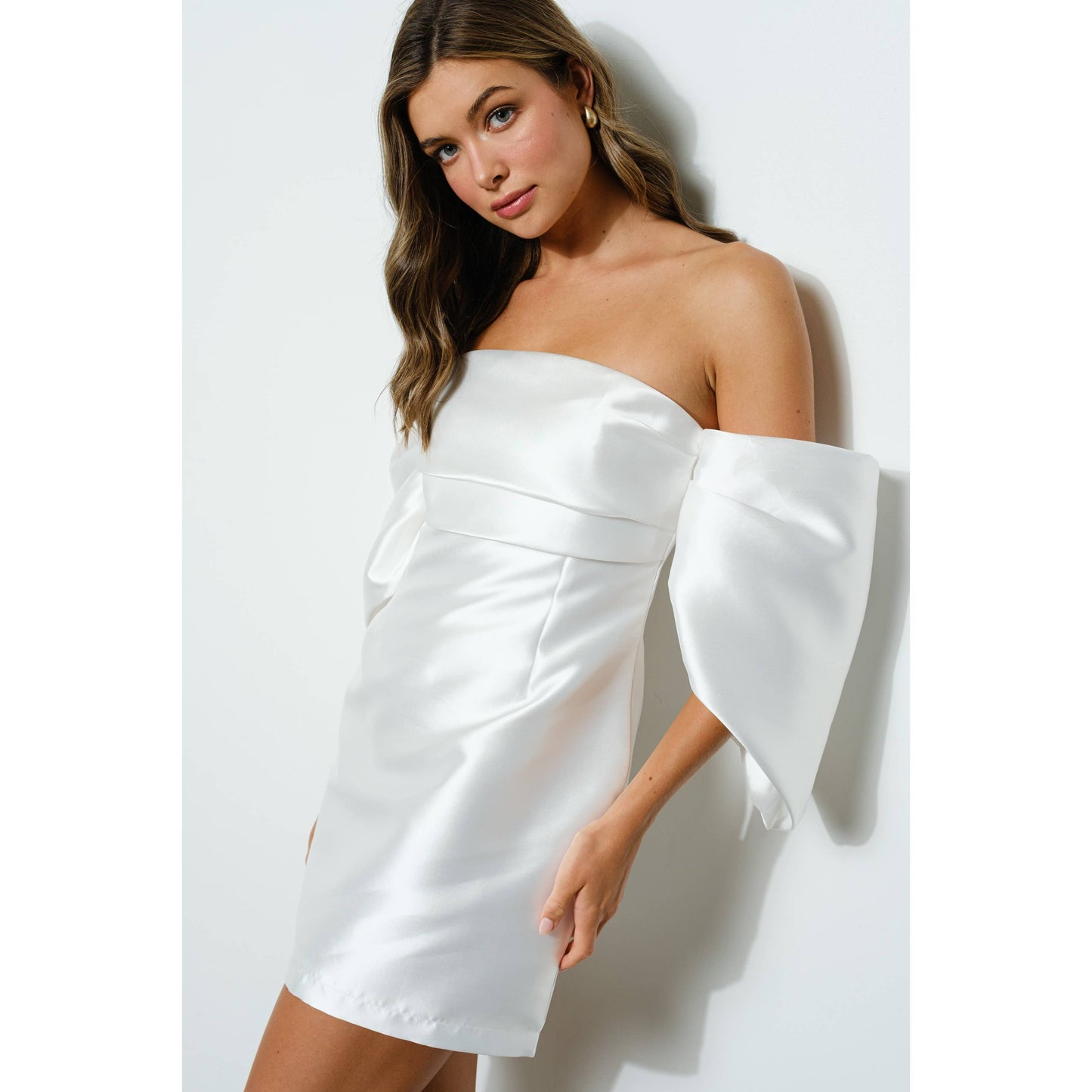 Satin Off Shoulder ruched sleeve Mini Dress: BLACK