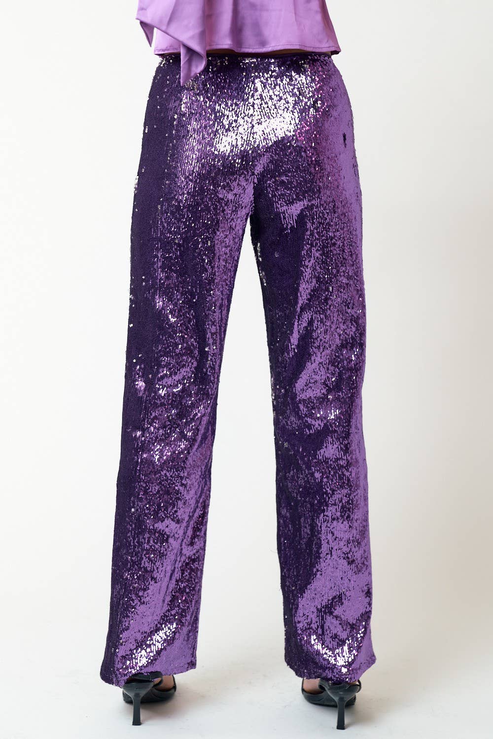 GLITTER SEQUIN STRAIGHT LONG PANTS: Black