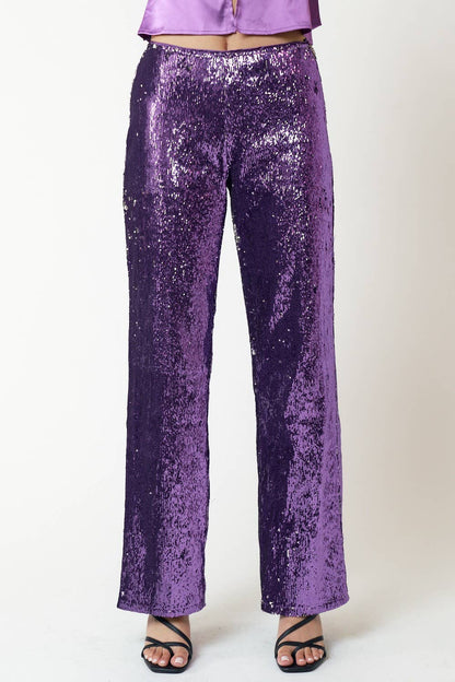 GLITTER SEQUIN STRAIGHT LONG PANTS: Black
