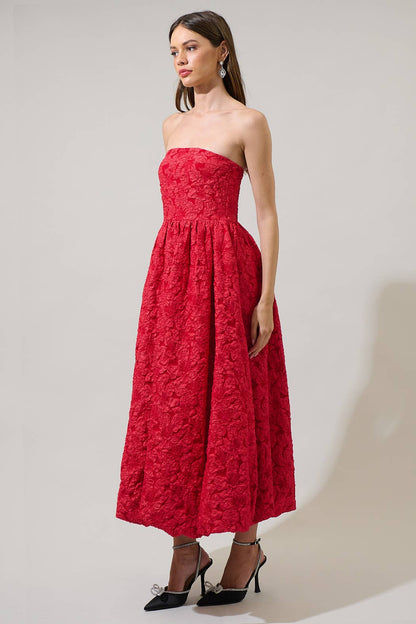 Jacquard Strapless Midi Dress - Red