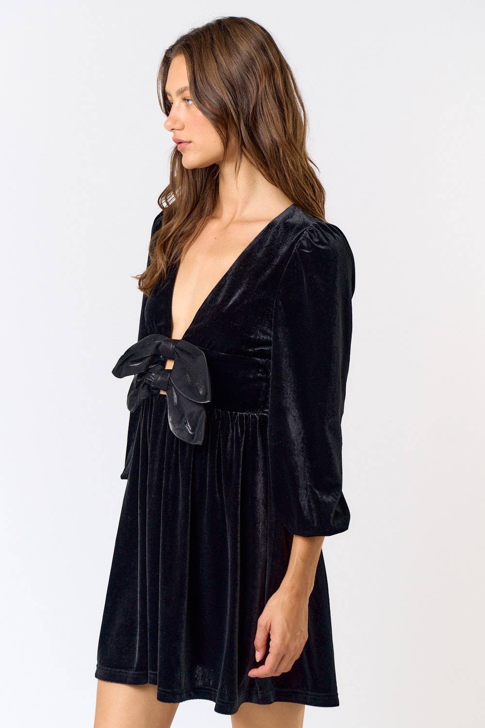 VELVET PLUNGE BOW FRONT DRESS