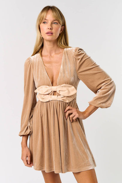 VELVET PLUNGE BOW FRONT DRESS