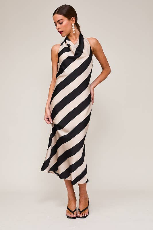 Halter Cowl Neck Midi Dress - Taupe/Black Stripe