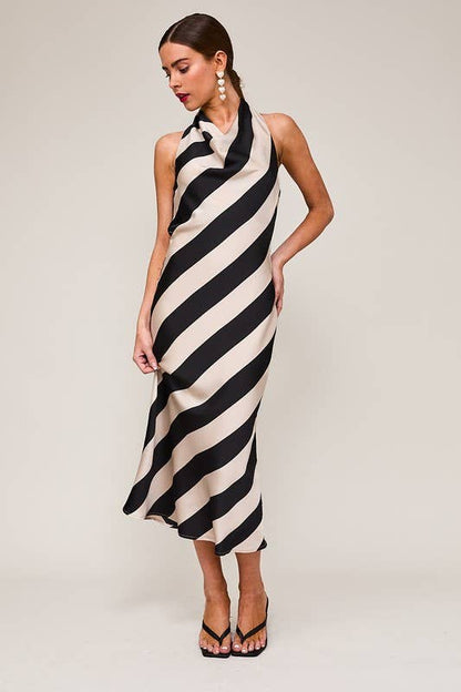 Halter Cowl Neck Midi Dress - Taupe/Black Stripe