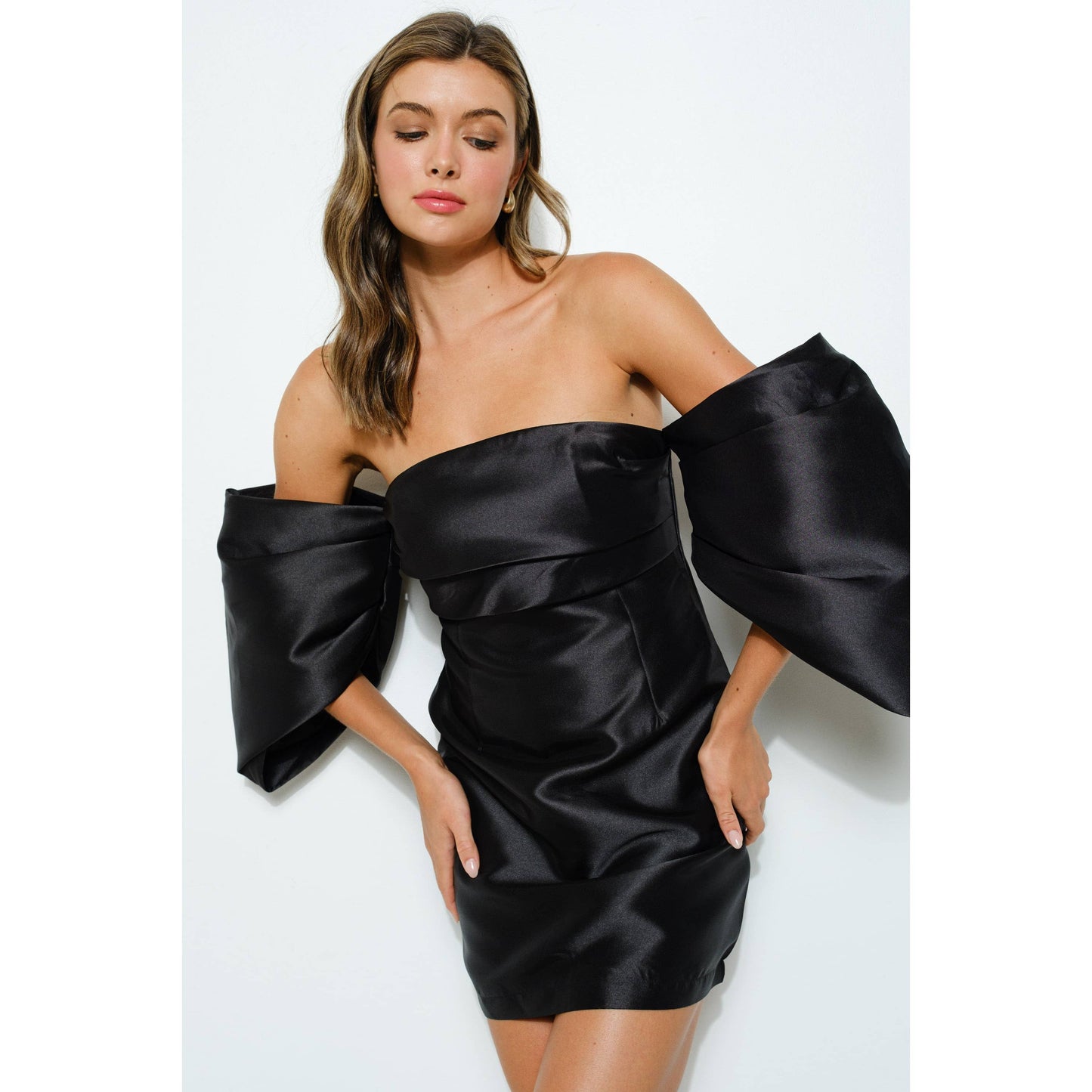 Satin Off Shoulder Mini Dress - Hot Pink