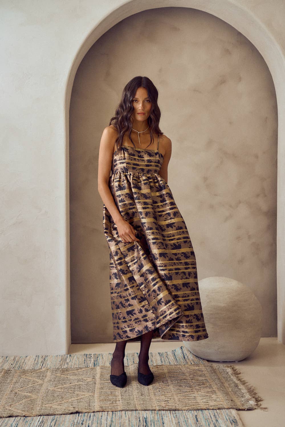 JACQUARD A-LINE SLEEVELESS MIDI DRESS