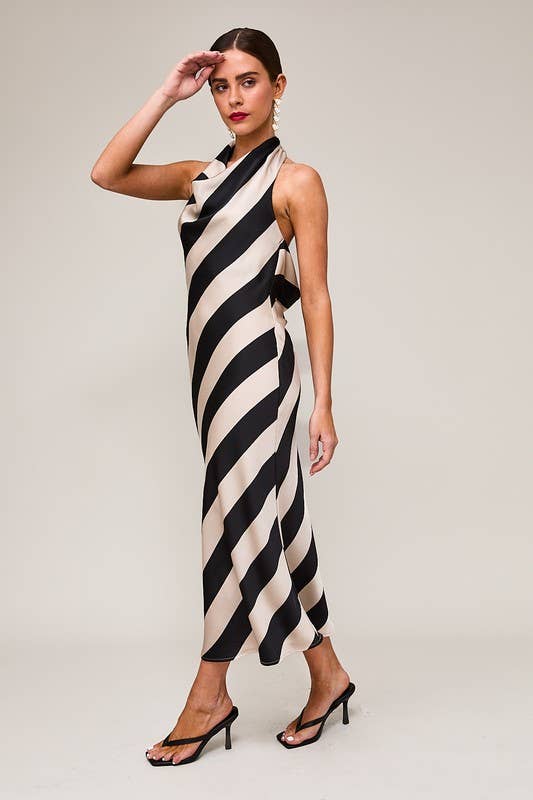 Halter Cowl Neck Midi Dress - Taupe/Black Stripe