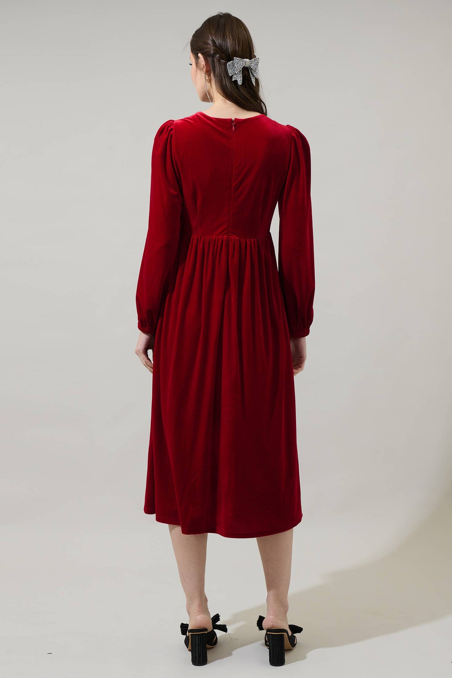Bow Velvet Midi Dress - Black