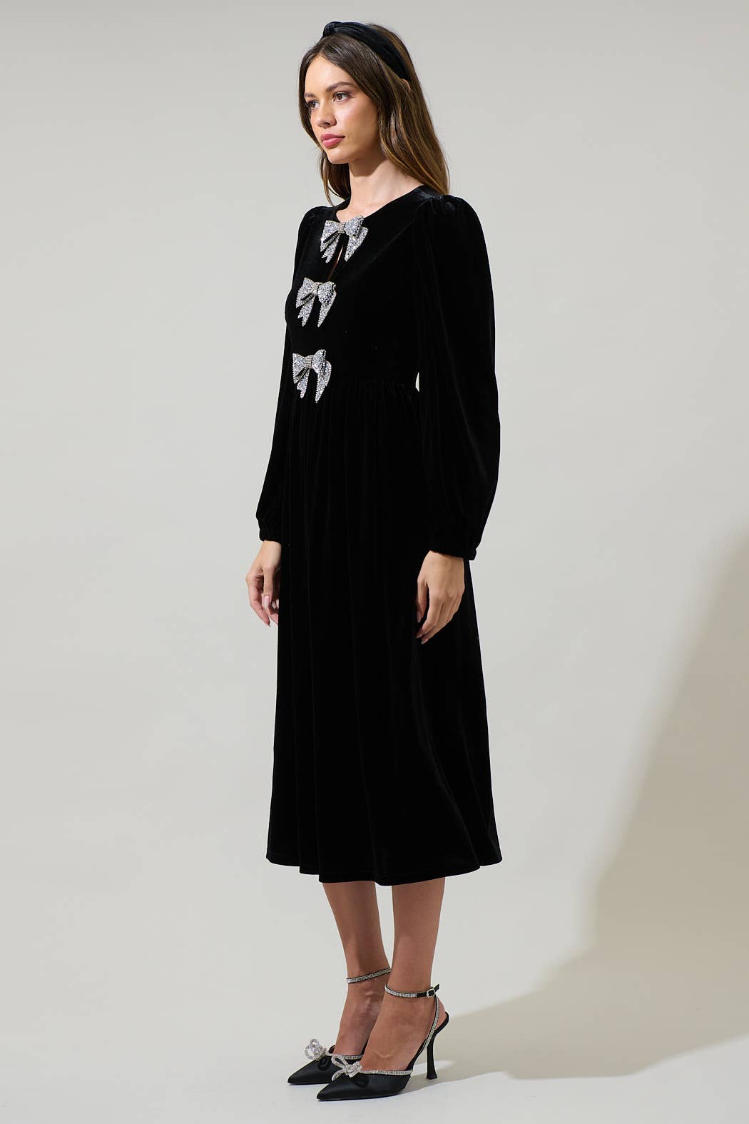 Bow Velvet Midi Dress - Black