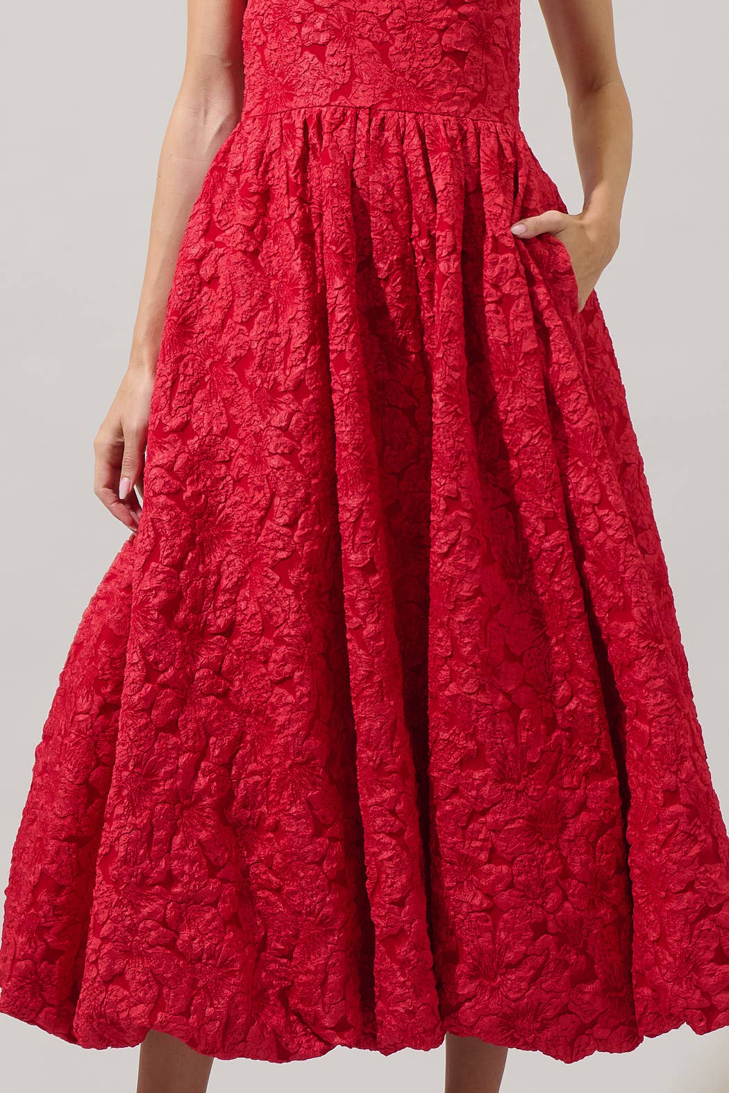 Jacquard Strapless Midi Dress - Red