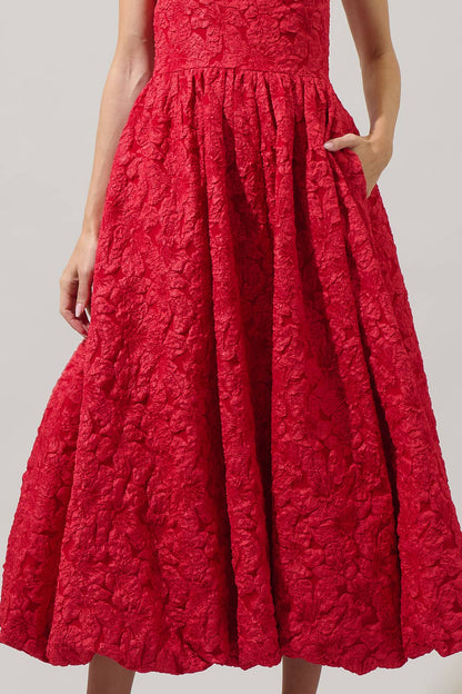 Jacquard Strapless Midi Dress - Red