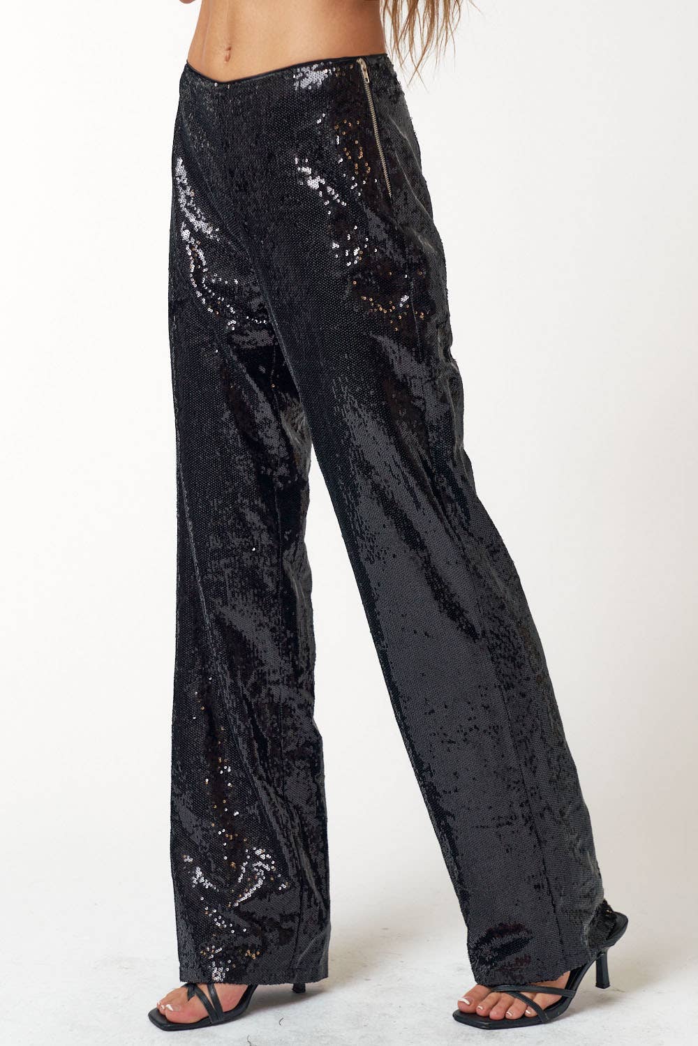 GLITTER SEQUIN STRAIGHT LONG PANTS: Black