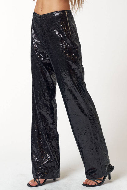 GLITTER SEQUIN STRAIGHT LONG PANTS: Black