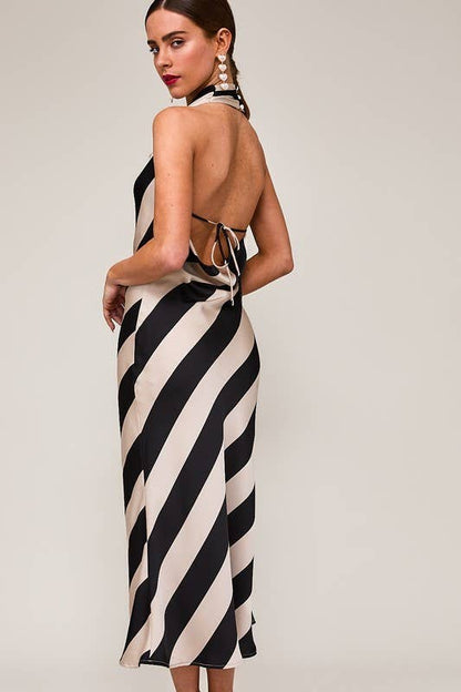 Halter Cowl Neck Midi Dress - Taupe/Black Stripe