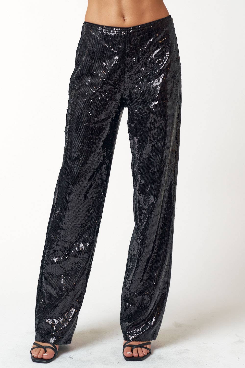 GLITTER SEQUIN STRAIGHT LONG PANTS: Black