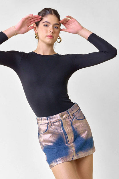 METALIC DENIM MINI SKIRT: DENIM