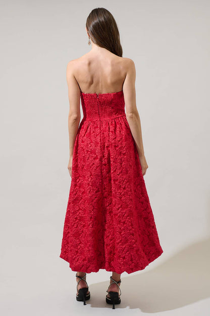 Jacquard Strapless Midi Dress - Red