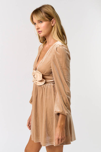 VELVET PLUNGE BOW FRONT DRESS