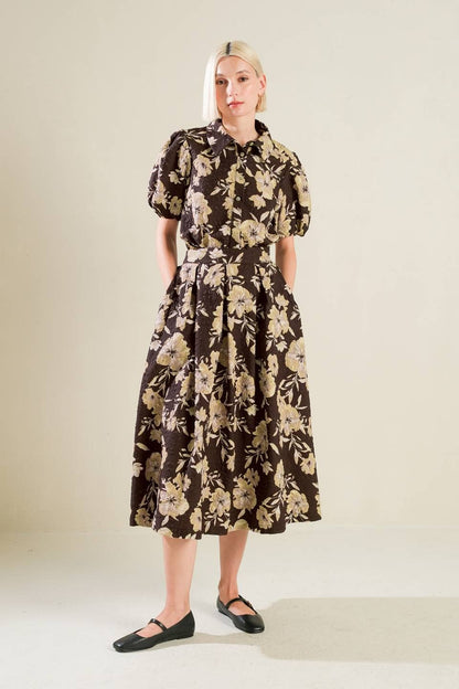 A printed textured woven midi full skirt - FK1102: DARK BROWN / Contemporary