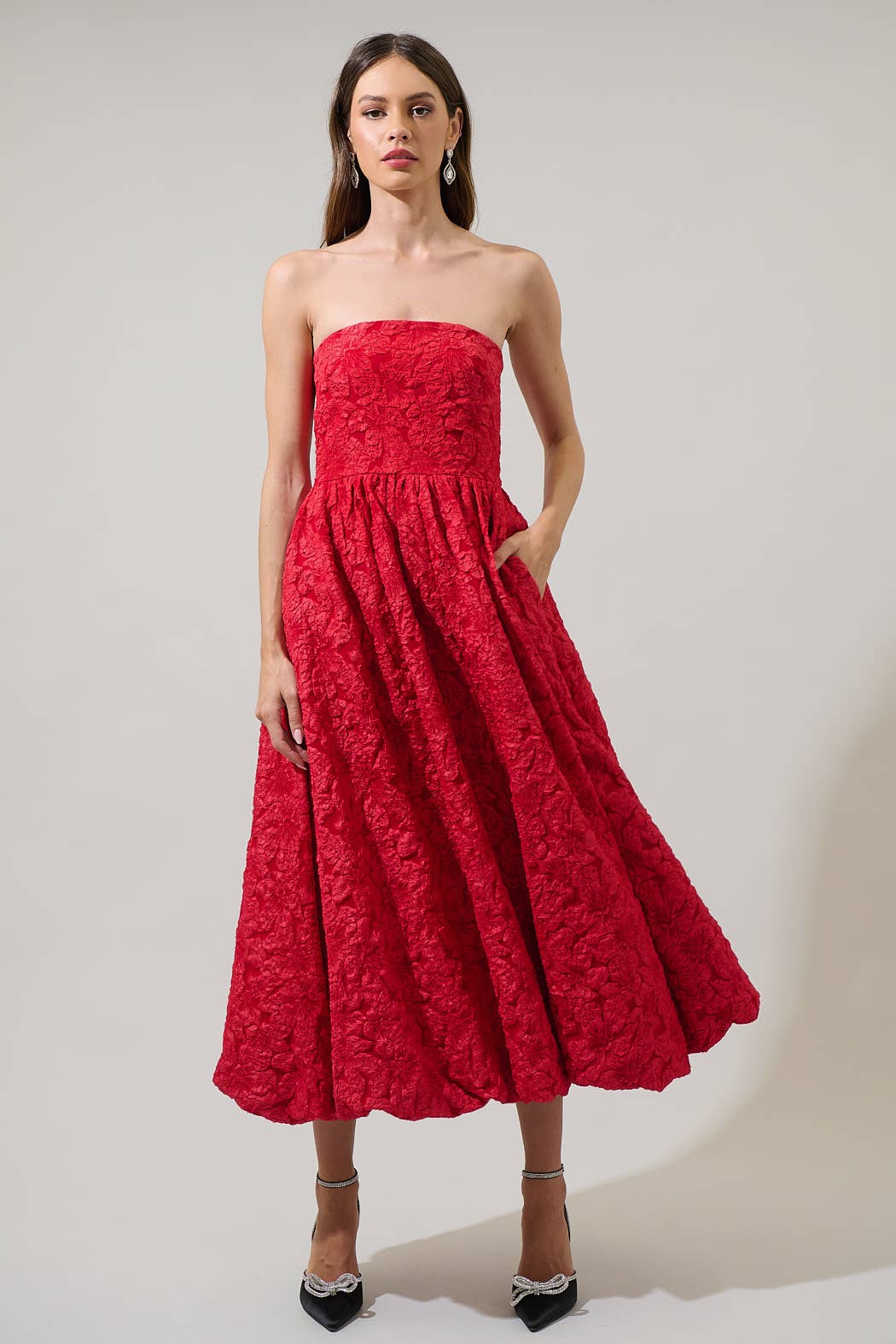 Jacquard Strapless Midi Dress - Red