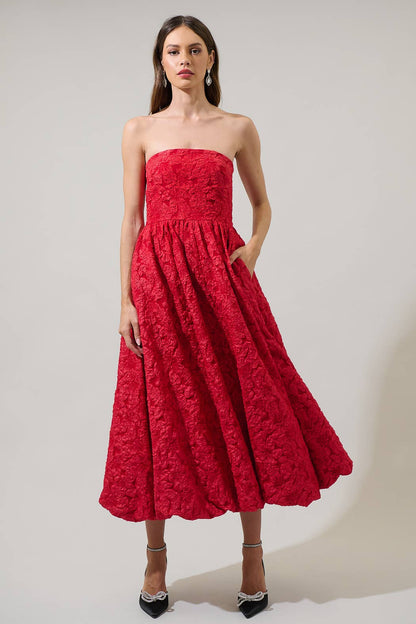 Jacquard Strapless Midi Dress - Red