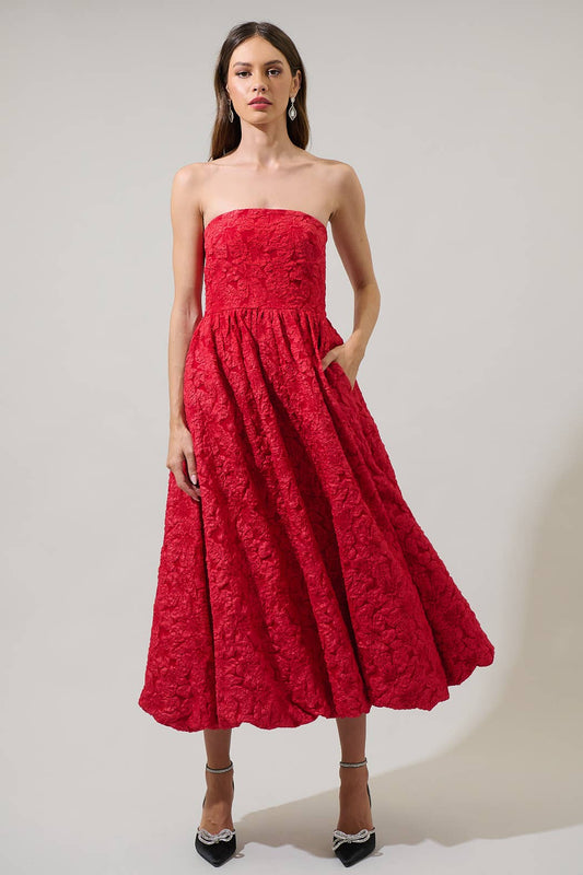 Jacquard Strapless Midi Dress - Red