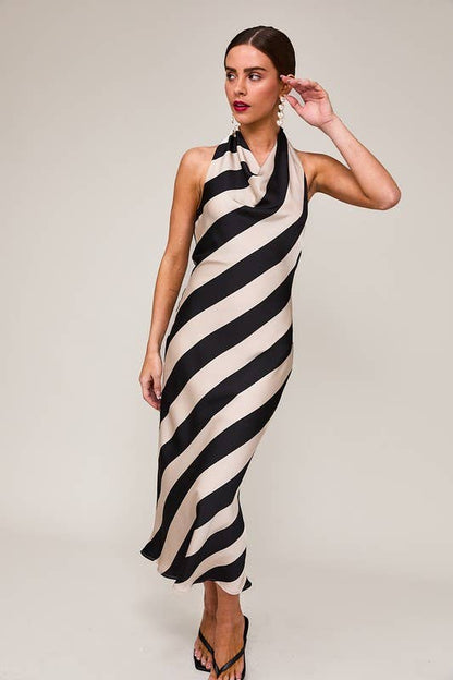 Halter Cowl Neck Midi Dress - Taupe/Black Stripe