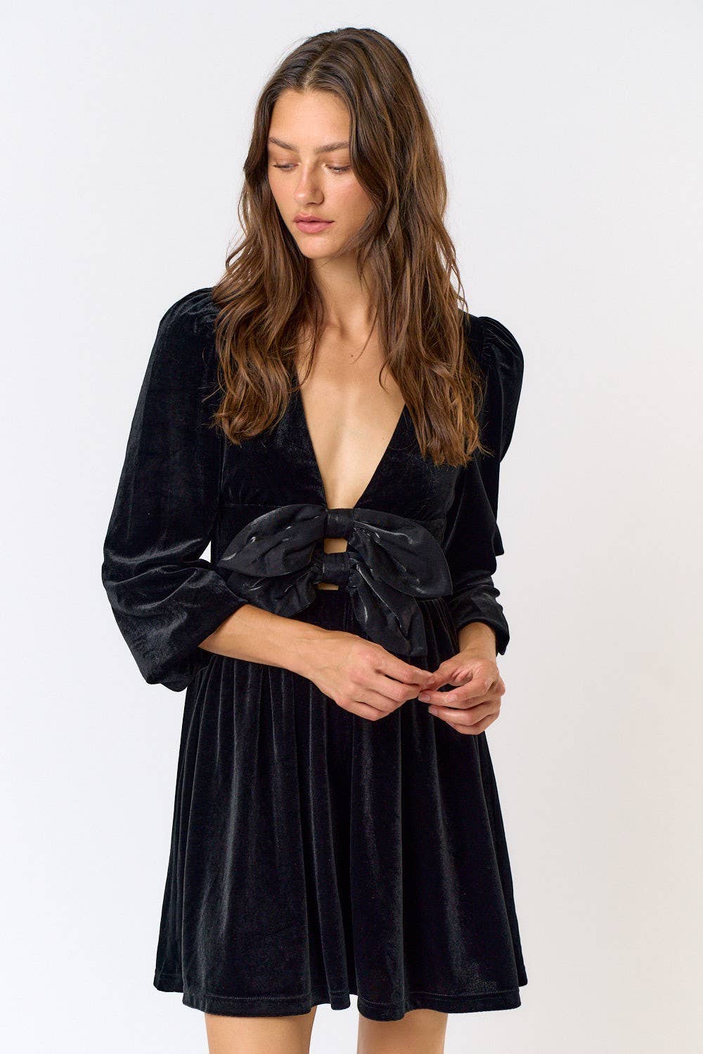 VELVET PLUNGE BOW FRONT DRESS