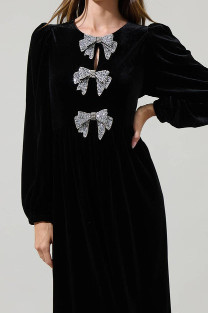Bow Velvet Midi Dress - Black