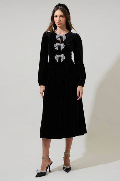 Bow Velvet Midi Dress - Black