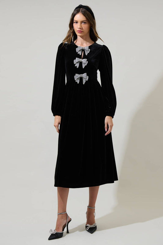 Bow Velvet Midi Dress - Black