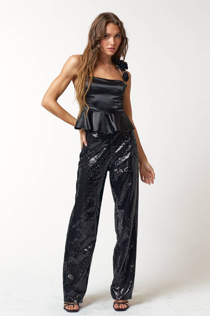 GLITTER SEQUIN STRAIGHT LONG PANTS: Black