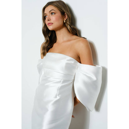 Satin Off Shoulder Mini Dress - Hot Pink