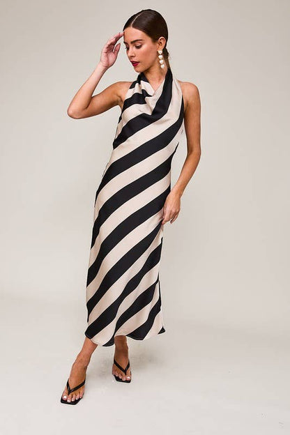 Halter Cowl Neck Midi Dress - Taupe/Black Stripe