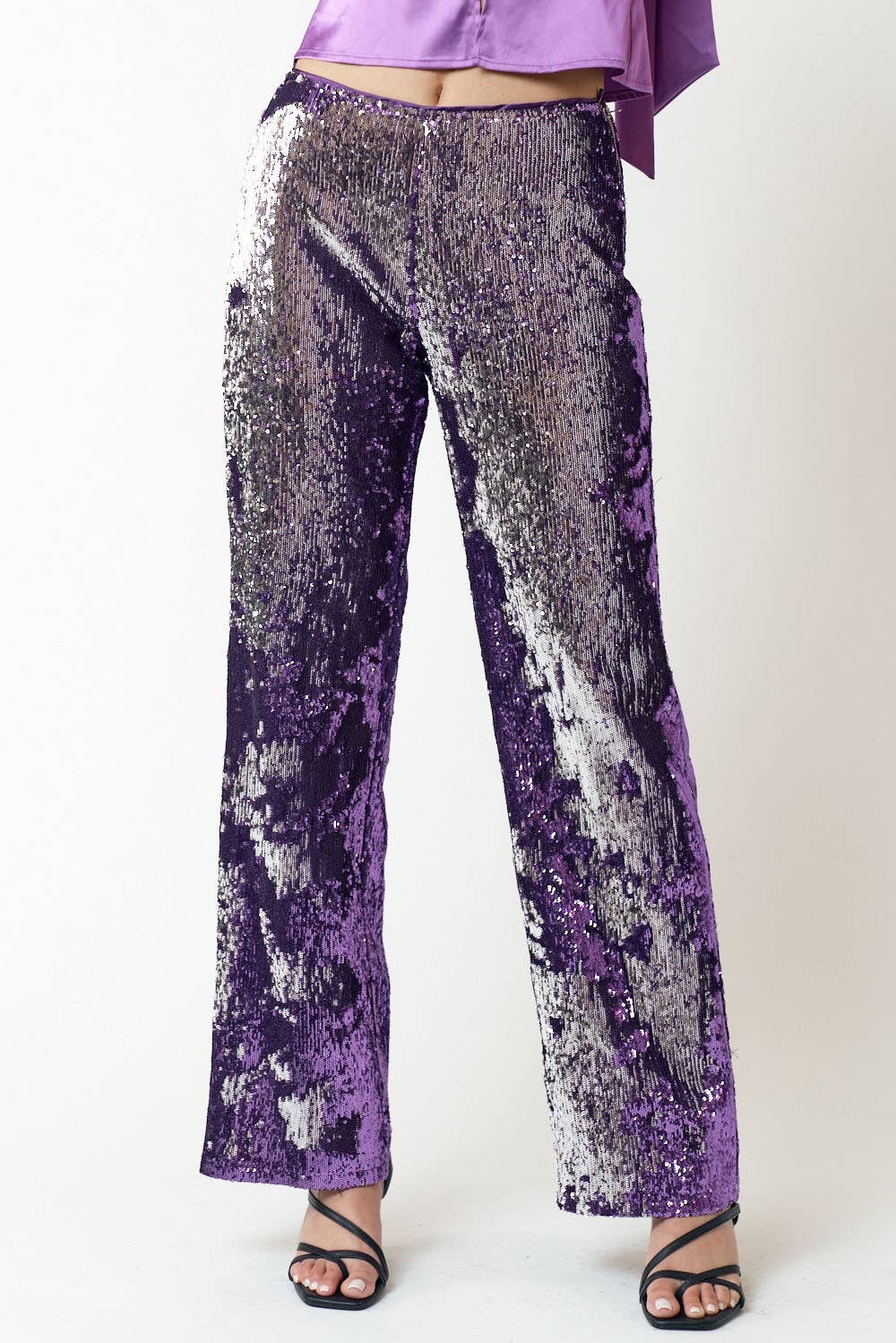 GLITTER SEQUIN STRAIGHT LONG PANTS: Black