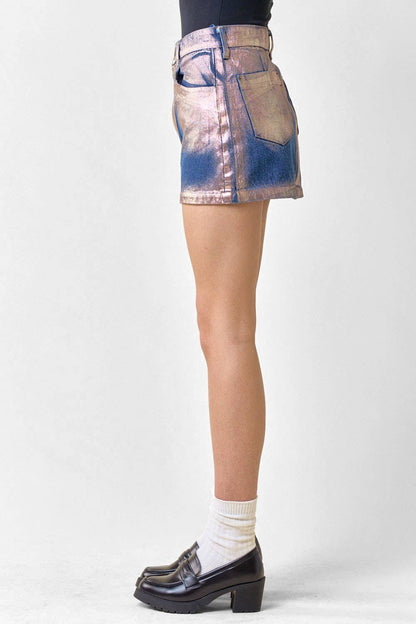 METALIC DENIM MINI SKIRT: DENIM