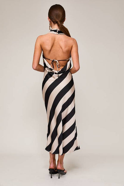 Halter Cowl Neck Midi Dress - Taupe/Black Stripe