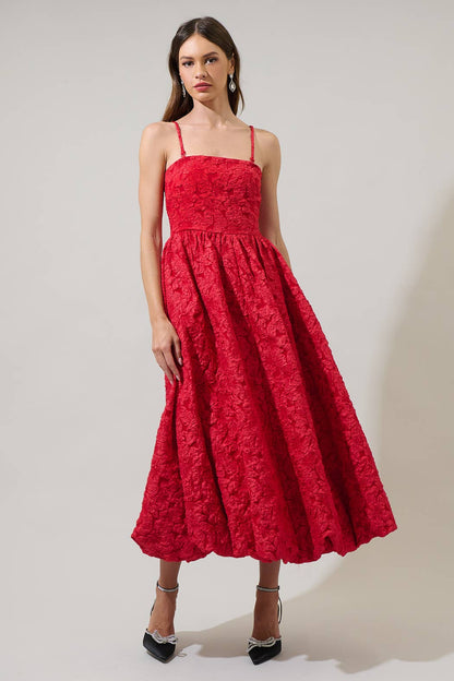 Jacquard Strapless Midi Dress - Red