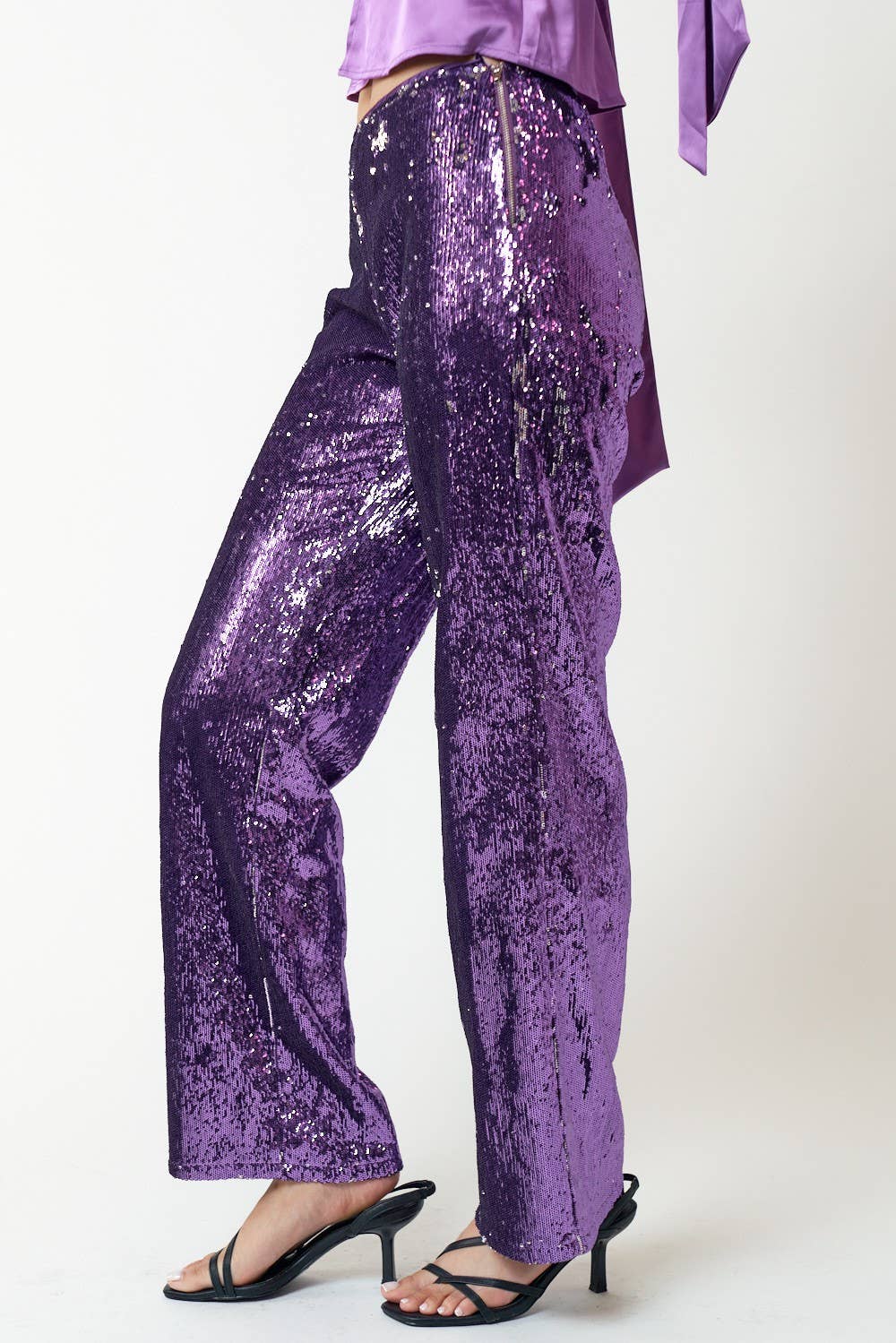 GLITTER SEQUIN STRAIGHT LONG PANTS: Black