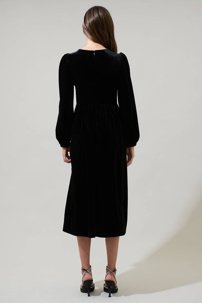 Bow Velvet Midi Dress - Black