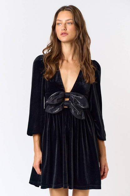 VELVET PLUNGE BOW FRONT DRESS